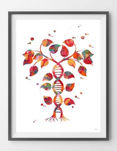 a framed print of a tree with colorful leaves and a double - stranded structure