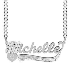 Our Personalized Double plated name necklace "Michelle" can be your next treat. The first letter is filled with beading and is available in Sterling Silver and Gold over Sterling Silver. The name can be personalized with a name of up to 10 characters (Letters only, NO numbers, or special characters). Customizable with using letters. Custom Name White Gold Nameplate Necklace, Mother's Day White Gold Name Necklaces, Custom Name Heart-shaped Silver Necklace, Silver Heart Shaped Custom Name Necklace, Silver Heart-shaped Custom Name Necklace, Silver Initial Pendant Name Necklace, White Gold Nameplate Necklace With Names, Customizable Nameplate Charm Necklaces, Customized Silver Nameplate Necklace