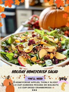 a salad with apples, cranberries and walnuts on it