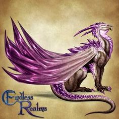 a purple dragon sitting on the ground with its wings spread out and it's eyes open