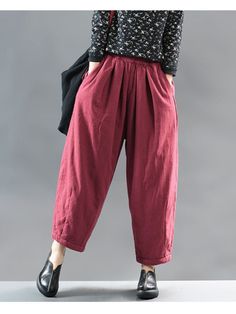 Sku CY-!40067 Type Pants Seasons Winter , Autumn Occasion Vintage , Going out Feature Elastics Style Bloomers , Loose Material Cotton Color BLACK,WINE RED,NAVYBLUE Size FREE SIZE Size Chart: Please consult the size chart we provide for this item's measurements to help you decide which size to buy. Please note: There may be 1-3cm differ due to manual measurement. INCH Waist Hips Thigh Length FREE SIZE 27.56-39.37 55.91 34.65 35.83 Casual High Waist Burgundy Pants, Spring Burgundy Cotton Bottoms, Vintage Ankle Pants For Fall, Casual Burgundy Bottoms With Pockets, Spring Burgundy Long Pants, Burgundy Long Pants For Spring, Casual Burgundy Pants With Pockets, High-waisted Burgundy Bottoms With Pockets, Burgundy High-waisted Pants With Pockets