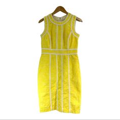 CALVIN KLEIN yellow and white sleeveless sheath dress  Size 4 Scoop Neckline  Textured fabric in polyester/rayon and spandex  Lined polyester with white trim.  Zipper back A Classic for Summer  Like new White Sleeveless, Sleeveless Sheath Dress, White Trim, Scoop Neckline, Sheath Dress, Like New, Calvin Klein, Timeless Fashion, Dress Outfits