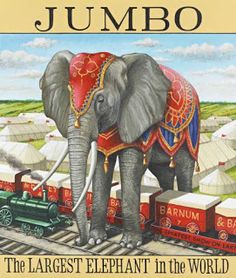 an elephant standing on top of train tracks next to a green locomotive and white tents