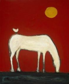 a painting of a white horse standing in front of a red sky