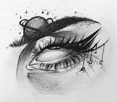 a drawing of a woman's eye with long lashes and stars on the side