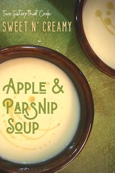 two brown bowls with apples and parsnip soup in them