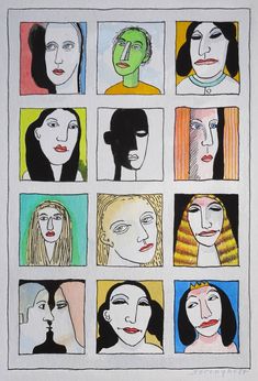 a drawing of nine women with different faces