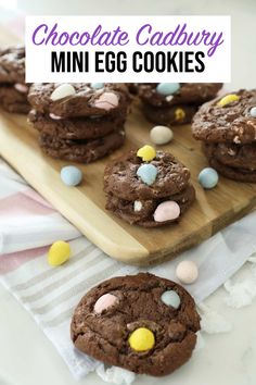 chocolate cadbury mini egg cookies on a cutting board