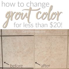 a bathroom with white tile and brown grout color for less than $ 20 on the floor