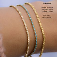 "Super chic bracelet, that is beautiful and minimalist. Brilliant cubic zirconia stones that look exactly like diamonds! This bracelet looks amazing layered or by itself. Adds a nice touch of sparkle, while still being classy! See Details below for link for the Turquoise and Yellow Stone Tennis Bracelet Options - - D E T A I L S - - ▪︎ Made of 925 Sterling Silver ▪︎ Thick plating of 14k Gold or Rhodium plated ▪︎ Two sizes available: 6.25\" or 6.75\" + .5\" Extension ▪︎ 2mm Bezel ▪︎ Lobster Clasp Minimalist Cubic Zirconia Tennis Bangle Bracelet, Minimalist Cubic Zirconia Tennis Bracelet, Minimalist White Cubic Zirconia Tennis Bracelet, Tennis Bracelet Gold, Gold Tennis Bracelet, Silver Opal Ring, Bracelet Diamond, Chic Bracelet, Opal Ring Gold