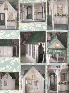 a collage of photos showing the inside of a doll house with windows and doors