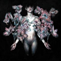 a painting of a woman with flowers in her body and hands on her chest, surrounded by butterflies