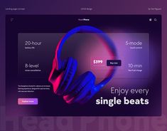 headphones are on the website page with purple and pink colors, including an advertise