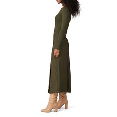 Green crepe (100% Viscose). Hourglass. Long sleeves. Crew neckline. Hidden side zipper closure. 51" from shoulder to hemline. Imported. Fitted Longline Fall Dresses, Fall Date Night Dress With Side Zipper, Long Sleeve Dress With Side Slits For Work, Stretch Dresses With Side Zipper For Fall, Fall Workwear Midi Dress With Side Slits, Stretch Midi Dress With Back Zipper, Chic Dress With Side Zipper For Fall, Fitted Workwear Dress With Longline Design, Bodycon Midi Dress With Side Zipper