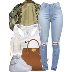 A fashion look from September 2014 featuring NIKE, NIKE sneakers and Michael Kors handbags. Browse and shop related looks. White Air Force Ones Outfit, Air Force Ones Outfit, Outfit Polyvore, Ripped Pants, Nike Shoes Outfits, Dope Outfits, Purses Michael Kors