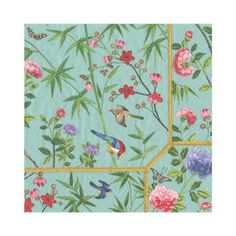 a blue table cloth with flowers and birds on it's side, in the middle of two squares