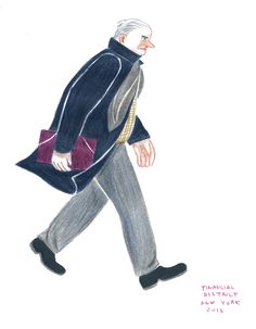 a drawing of an older man walking with a handbag on his shoulder and wearing a blue coat