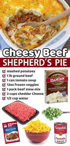 cheesey beef shepherd's pie recipe is shown in the middle of an advertisement