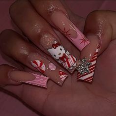 #naildesign #christmasnailsart #nailart #hellokitty Hello Kitty Christmas Nails Acrylic, Gingerbread Hello Kitty Nails, Airbrush Christmas Nails, Christmas Acrylic Nails Pink, Hello Kitty Christmas Nails Short, Christmas Freestyle Nails, Hello Kitty Nail Charms, Short Acrylic Nails Hello Kitty, Hello Kitty Nails Christmas