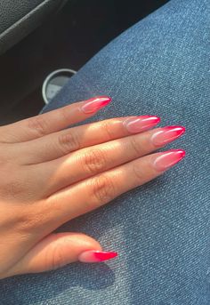 french pink ombre nails for the summer 💖 Red Ombre French Tip Nails, Red Pink French Nails, Pink To Red Ombre Nails, Ombre Red Nails Acrylic, Ombre Nails Hot Pink, Pink And Red French Nails, Red And Pink Ombre Nails, Red And Pink French Tip Nails, French Ombre Nails Almond