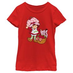 Who's ready for a berry special treat? You are! Enjoy sweet fashion with this officially licensed Strawberry Shortcake Custard in The Berry Basket Girls' Graphic T-Shirt. Your favorite greeting card-turned-pop culture sensation is here to win your heart with fun adventures in Strawberry-land. This bright tee features Strawberry Shortcake with her adorable pet, Custard playfully playing in a basket full of strawberries as a ladybug sits on its tail across the front. Sweet Style Red Crew Neck T-shirt, Sweet Red Crew Neck Top, Strawberry Shortcake T Shirt, Red Crew Neck T-shirt, Strawberry Shortcake Merch, Red Sweet Crew Neck T-shirt, Strawberry Shortcake Shirt Vintage, Strawberry Shortcake Tank Top, Strawberry Shortcake Berry Bitty Adventures