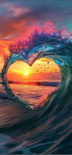 a heart shaped wave in the ocean at sunset