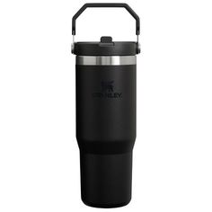 the stanley stainless steel insulated tumbler is black and features a metal lid with an insulated handle