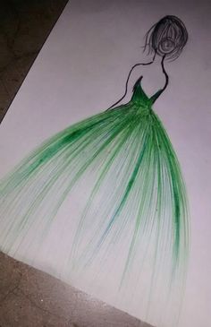 a drawing of a woman in a green dress