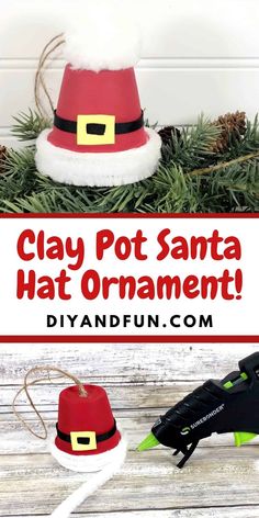 clay pot santa hat ornament with text overlay that reads clay pot santa hat ornament