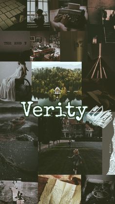 a collage of various pictures with the word verity written in green on top of them