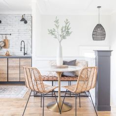 two chairs and a table in a room with white walls, wood floors and wooden flooring