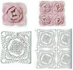 crocheted coasters are shown in four different colors and sizes, including pink