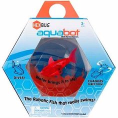 the robotic fish that really swims is red and blue in its packaging, with an orange tag on it's side