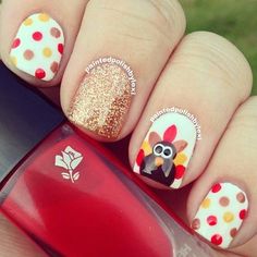 Turkey Nail Art, Nails Work, Turkey Nails, Polka Dot Nail Designs, Dot Nail Designs, Polka Dot Nail Art, Thanksgiving Nail Designs, Thanksgiving Nail Art, Thanksgiving Nail