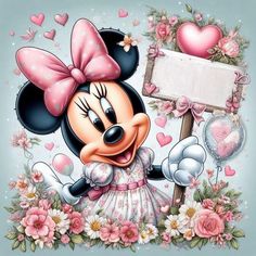 a minnie mouse holding a sign with flowers and hearts on it's side, in front of a blue background