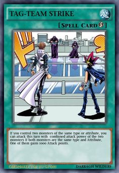 a card with an image of two people in front of a building and the words tag - team strike spell card