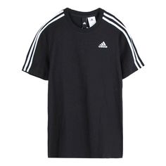 adidas Casual Sports Training Round Neck Short Sleeve Black S98717 (Men's) Casual Three Stripes T-shirt For Sports Events, Sporty Activewear With Side Stripes For Sports Events, Cotton Activewear With Three Stripes For Sports Season, Adidas Activewear With Athletic Fit And Three Stripes Branding, Adidas Sportswear Activewear With Three Stripes, Sporty T-shirt With Three Stripes For Sports, Cotton Activewear With Three Stripes For Sports Events, Adidas Activewear With Three Stripes For Sports Events, Adidas Activewear For Sports Events With Three Stripes