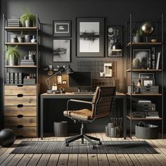 a home office with black walls and wooden flooring, an old fashioned chair is in front of the desk