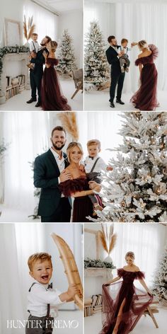 two people are posing in front of a christmas tree and one is holding a guitar