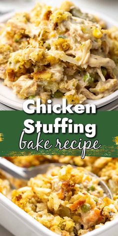 chicken stuffing bake recipe in a white casserole dish