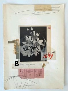 a collage of flowers and papers on a white wall with the letter b below it