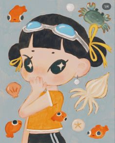 a painting of a girl with goggles on her head and fish around her neck