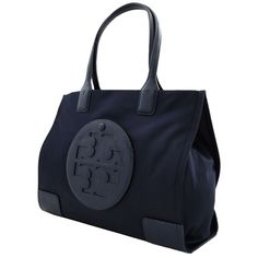 Tory Burch Ladies Tote. SKU: 88578-405. Color: Navy blue. Size: W 13.4" x H 10.4" x D 5.1". Tory Burch Small Ella Tote Bag-Navy Blue. Ella bag from Tory Burch features a logo patch to the front, magnetic fastening, two rounded top handles, main compartment and internal zip pocket. Material: Outer: Calf Leather, Fabric. Navy Blue Handbags, Ella Tote, Versace Watch, Blue Handbags, Blue Tote, Denim Shoes, Crossbody Messenger Bag, Womens Tote, Leather Fabric