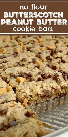 no flour butterscotch peanut butter cookie bars on a baking sheet with text overlay