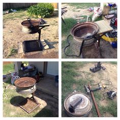 four different views of an outdoor grill in the yard, with various tools around it