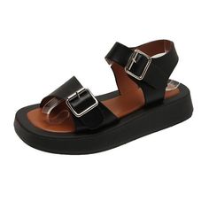 Women Ankle Strap Adjustable Buckle Straps Platform Sandals Summer Roman Open Toe Beach Flat Thick Bottome Ladies Sandals Vacation T-strap Sandals With Heel Strap And Open Toe, Black Round Toe Slingback Sandals For Beach Season, Black Slingback Sandals With Round Toe For Beach Season, Beach T-strap Platform Sandals, Beach Platform T-strap Sandals, Leather Jelly Sandals For Summer Vacation, Black Slingback Sandals With Buckle For Summer, Black Round Toe T-strap Sandals For Summer, Black T-strap Sandals For Summer