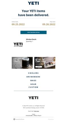 the website for yeti is displayed in blue and white