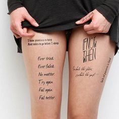 a woman's legs with words written on them and writing on the side of her leg