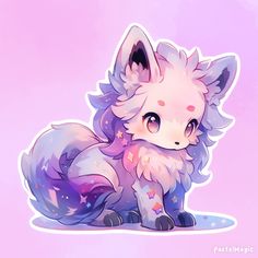 a cute little fox sitting on top of a purple floor next to a pink wall