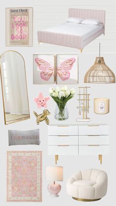 a collage of pink and gold items including a bed, dresser, mirror, lamp, vase with flowers in it